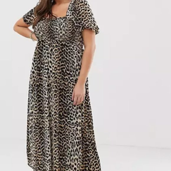 ASOS Curve Dresses & Skirts - ASOS DESIGN Curve shirred bustier maxi dress with puff  sleeve in animal…